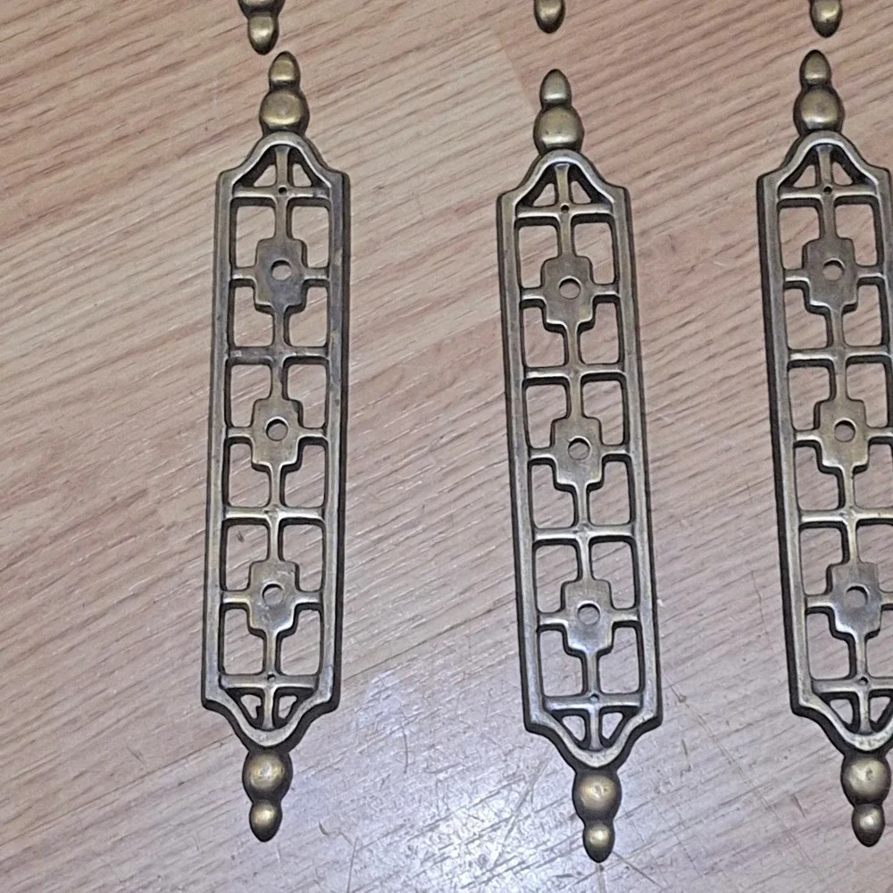 Vtg 70s Decorative Lattice Drawer Pull Backplate Antique Brass Finish Lot of 12